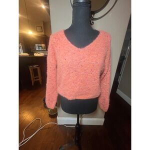 Wild Fable Coral Fuzzy V Neck Cropped Pullover Sweater, Textured‎ Knit, Size S